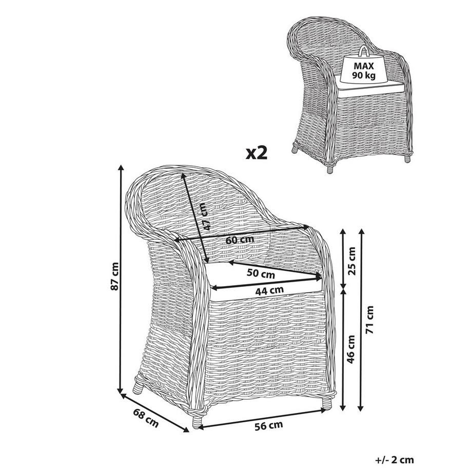 Beliani  Gartensessel 2er Set mit Auflagen aus Rattan Mediterran SUSUA II 