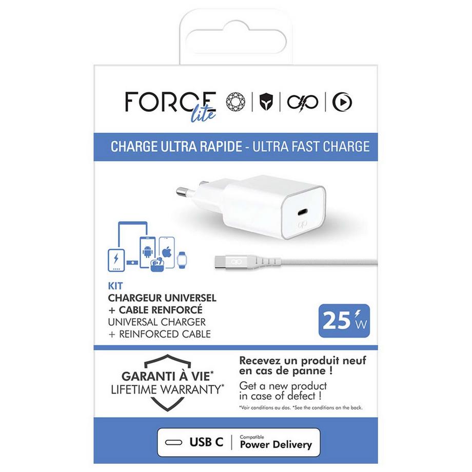 Force Power  Chargeur maison 25W+Câble renforcé USB/C 