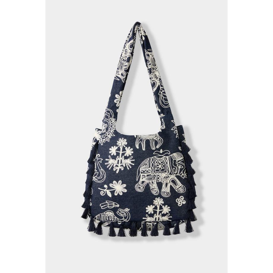 Bestickte Tasche mit Quasten und Elefanten-Detail