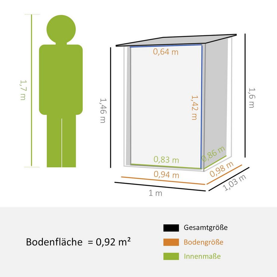 Northio Stahl Gerätehaus 0,92 m² Abschließbarer Gartenschrank mit Pultdach, 100x103x160cm, Grau  
