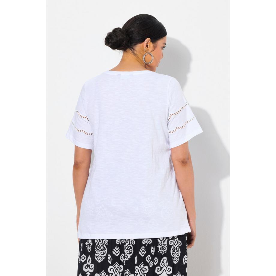 Ulla Popken Ricami Traforati Taglio Svasato Scollo a V T-Shirt Maniche ad Aletta  