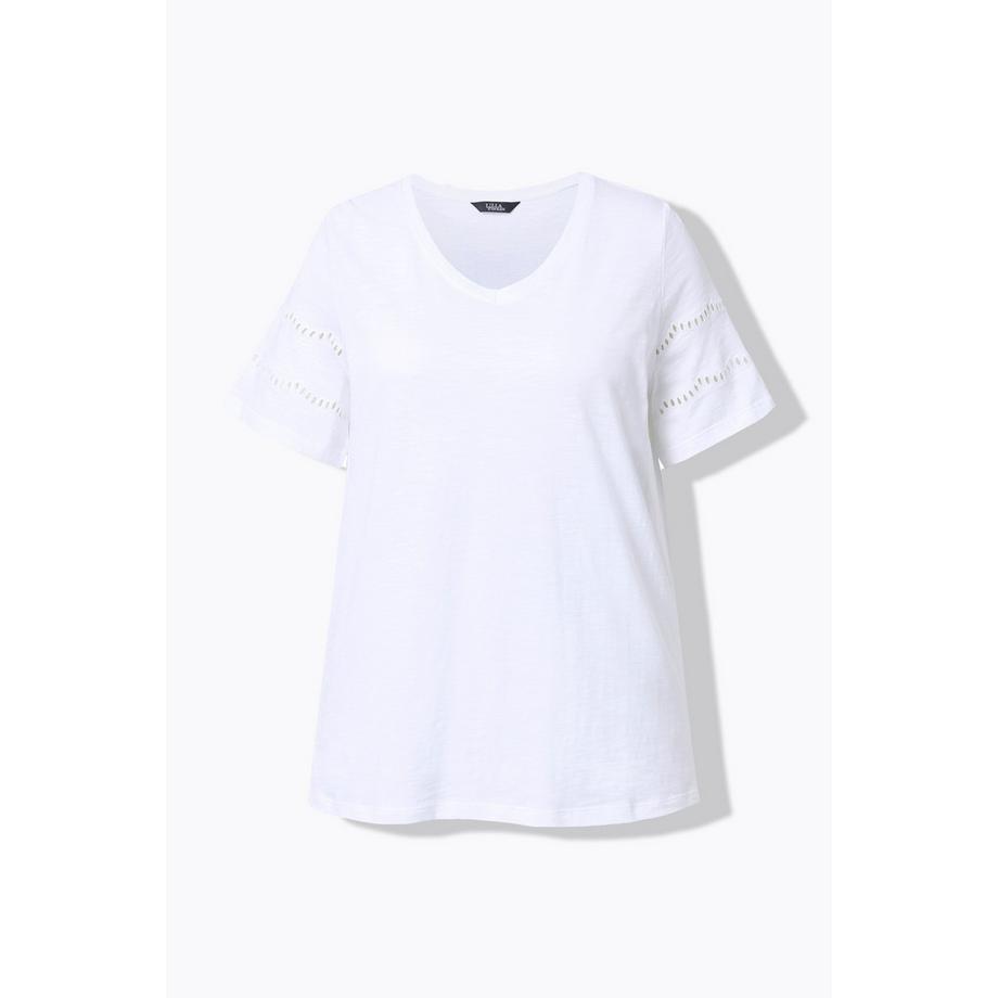 Ulla Popken Ricami Traforati Taglio Svasato Scollo a V T-Shirt Maniche ad Aletta  