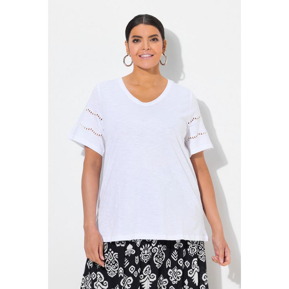 Ulla Popken Ricami Traforati Taglio Svasato Scollo a V T-Shirt Maniche ad Aletta  