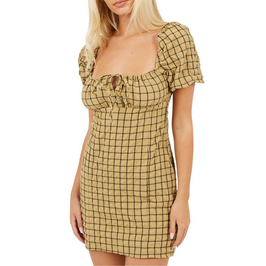 Robe Courte Manches Bouffantes Motiftyle À Carreaux