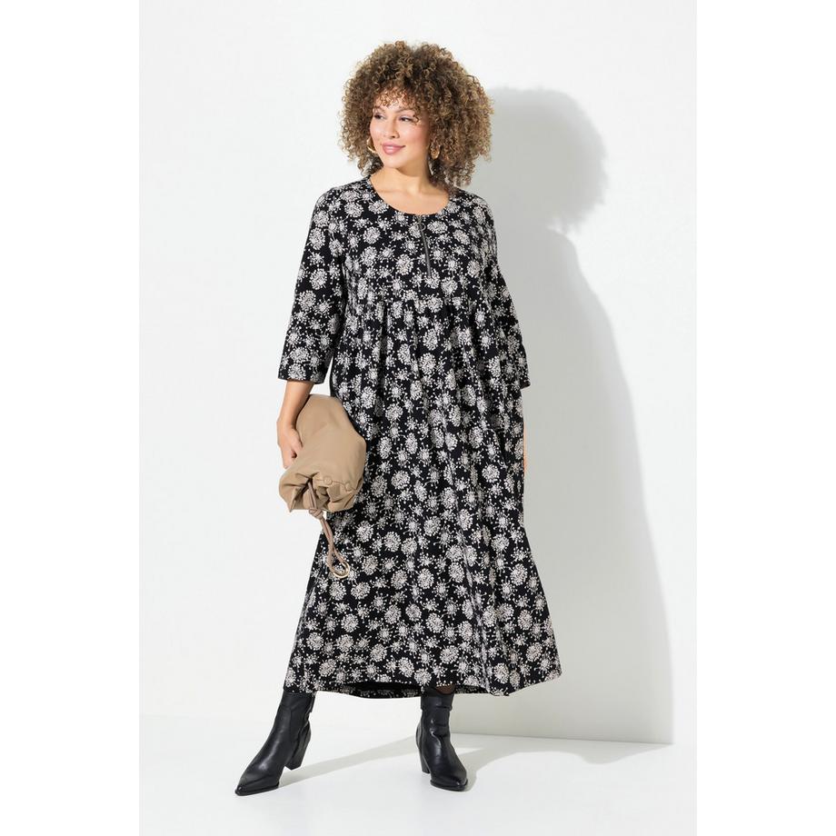 Ulla Popken Jersey Pusteblumen Print Rundhals 3/4 Arm Midikleid  