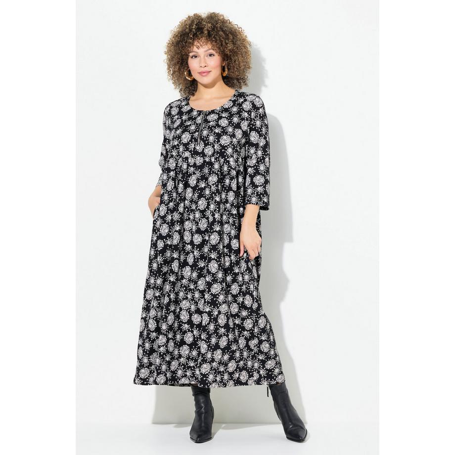 Ulla Popken Jersey Pusteblumen Print Rundhals 3/4 Arm Midikleid  