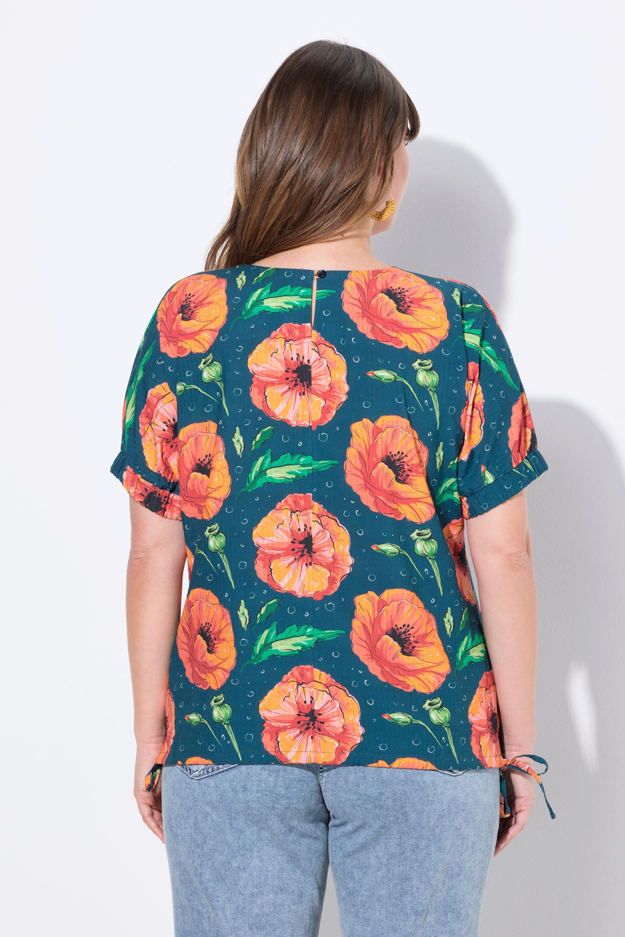 Ulla Popken Top Camicetta Stampa Papavero Collo Rotondo Manica Corta  