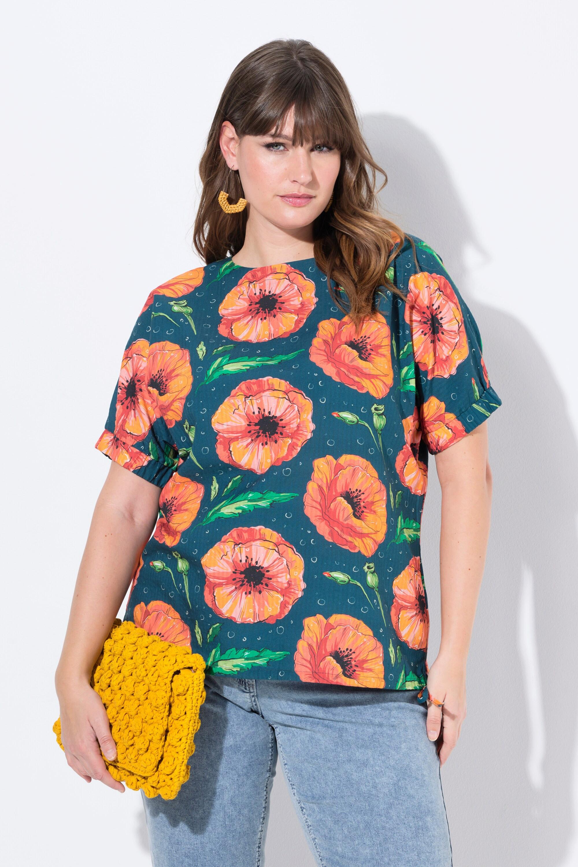 Ulla Popken Top Camicetta Stampa Papavero Collo Rotondo Manica Corta  