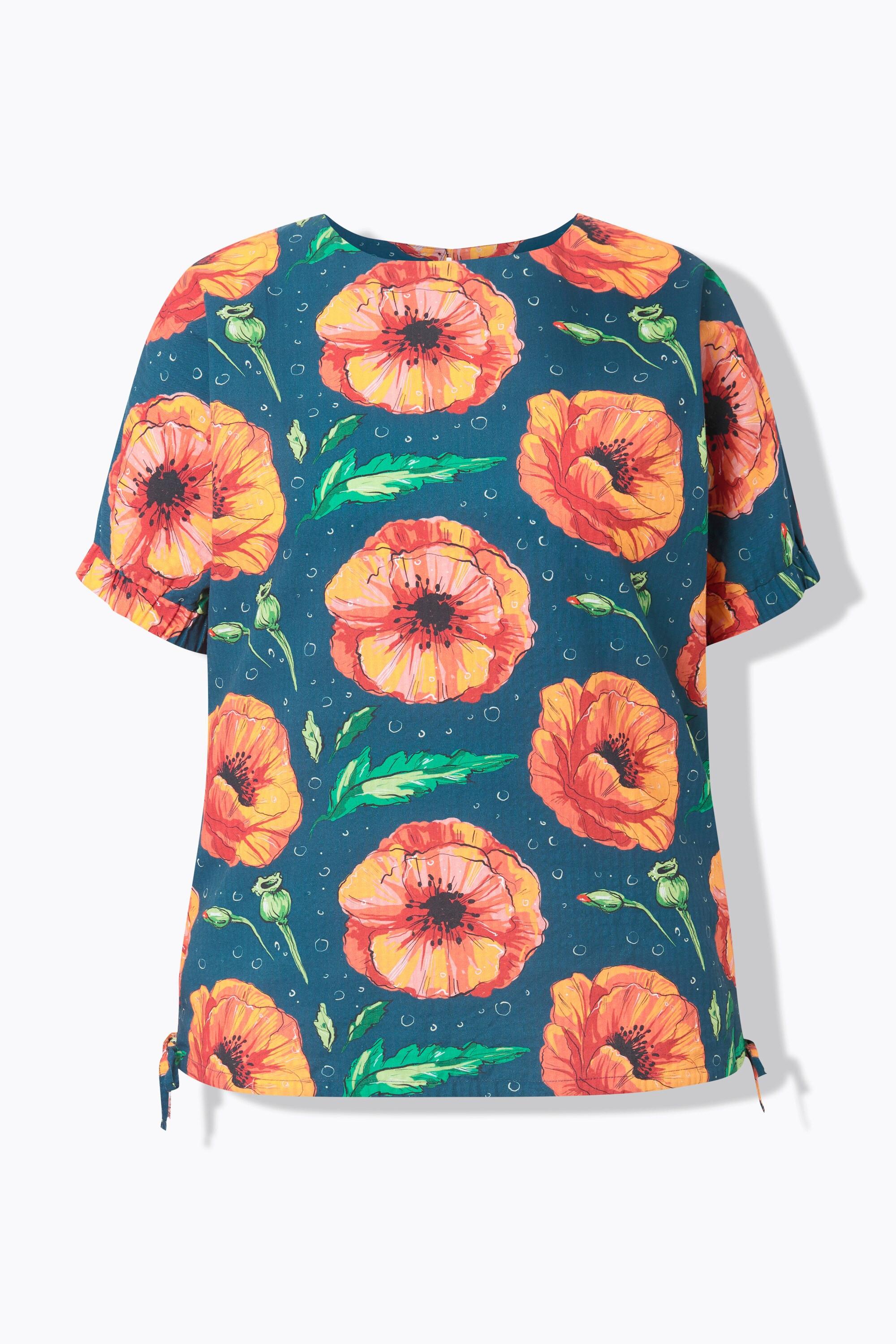 Ulla Popken Top Camicetta Stampa Papavero Collo Rotondo Manica Corta  