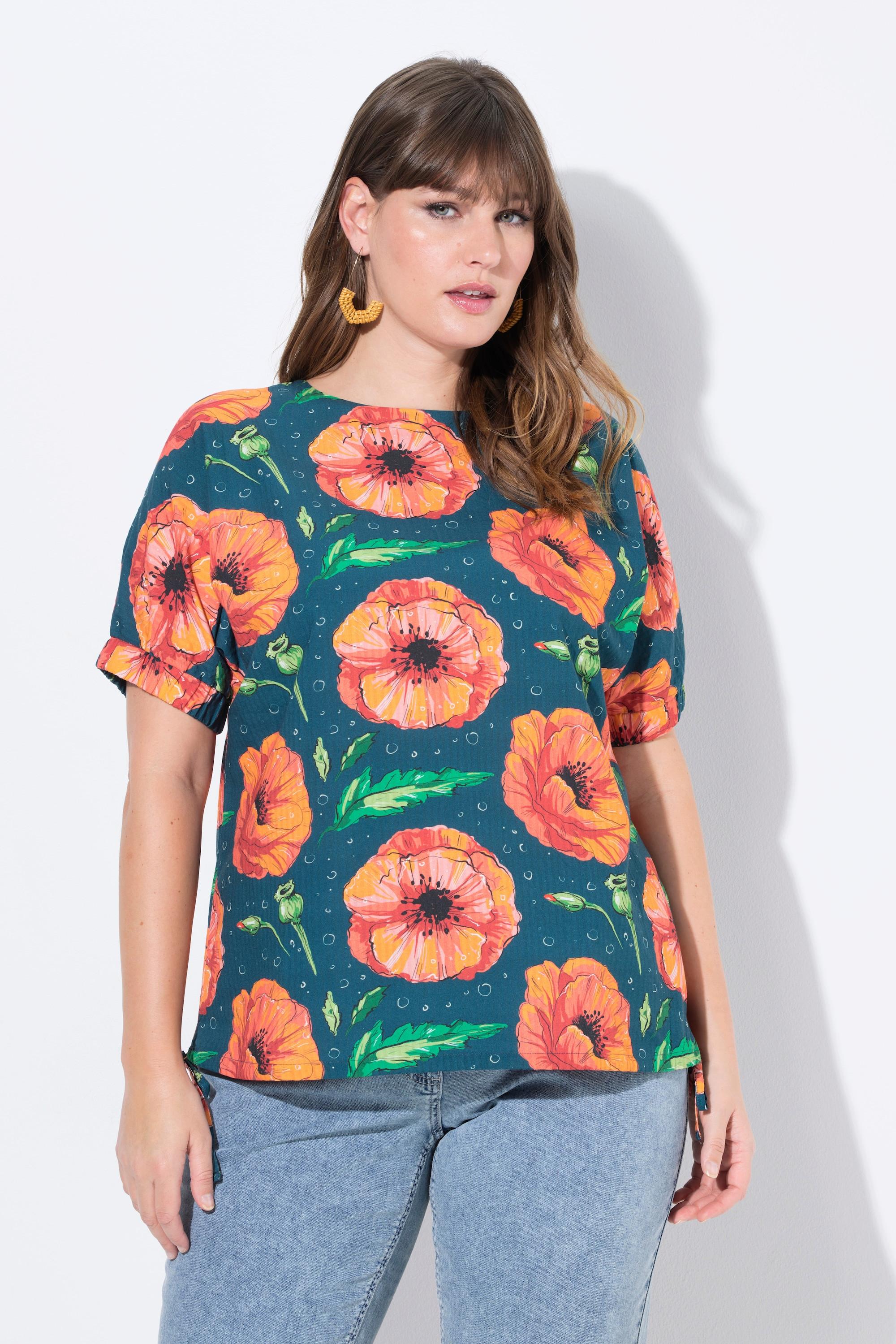 Ulla Popken Top Camicetta Stampa Papavero Collo Rotondo Manica Corta  