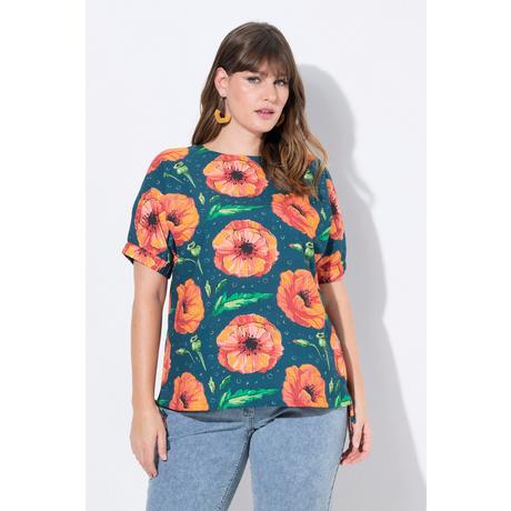 Ulla Popken Top Camicetta Stampa Papavero Collo Rotondo Manica Corta  