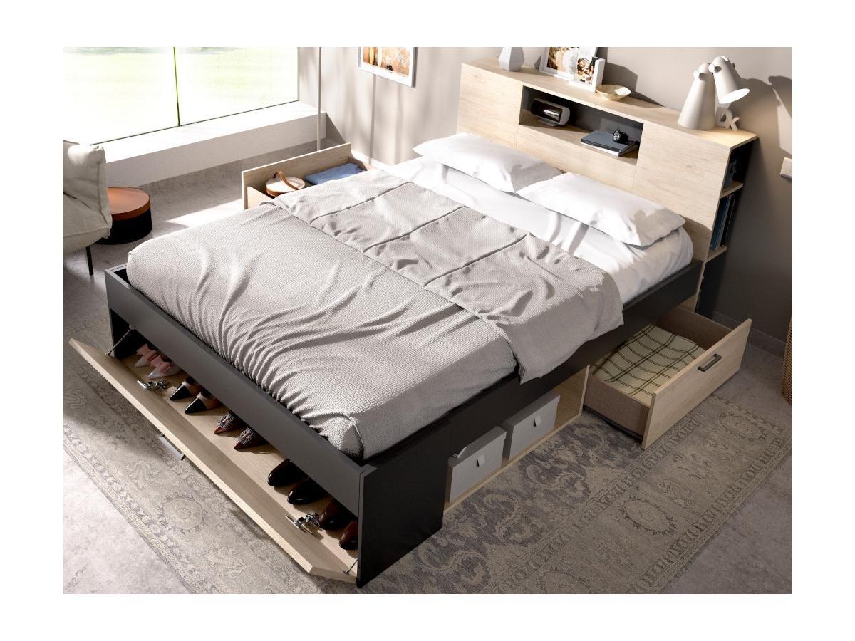 Vente-unique Lit avec tête de lit rangements et tiroirs - 140 x 190 cm - Coloris : Naturel et anthracite + Sommier + Matelas - LEANDRE  