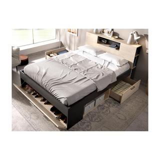 Vente-unique Lit avec tête de lit rangements et tiroirs - 140 x 190 cm - Coloris : Naturel et anthracite + Sommier + Matelas - LEANDRE  