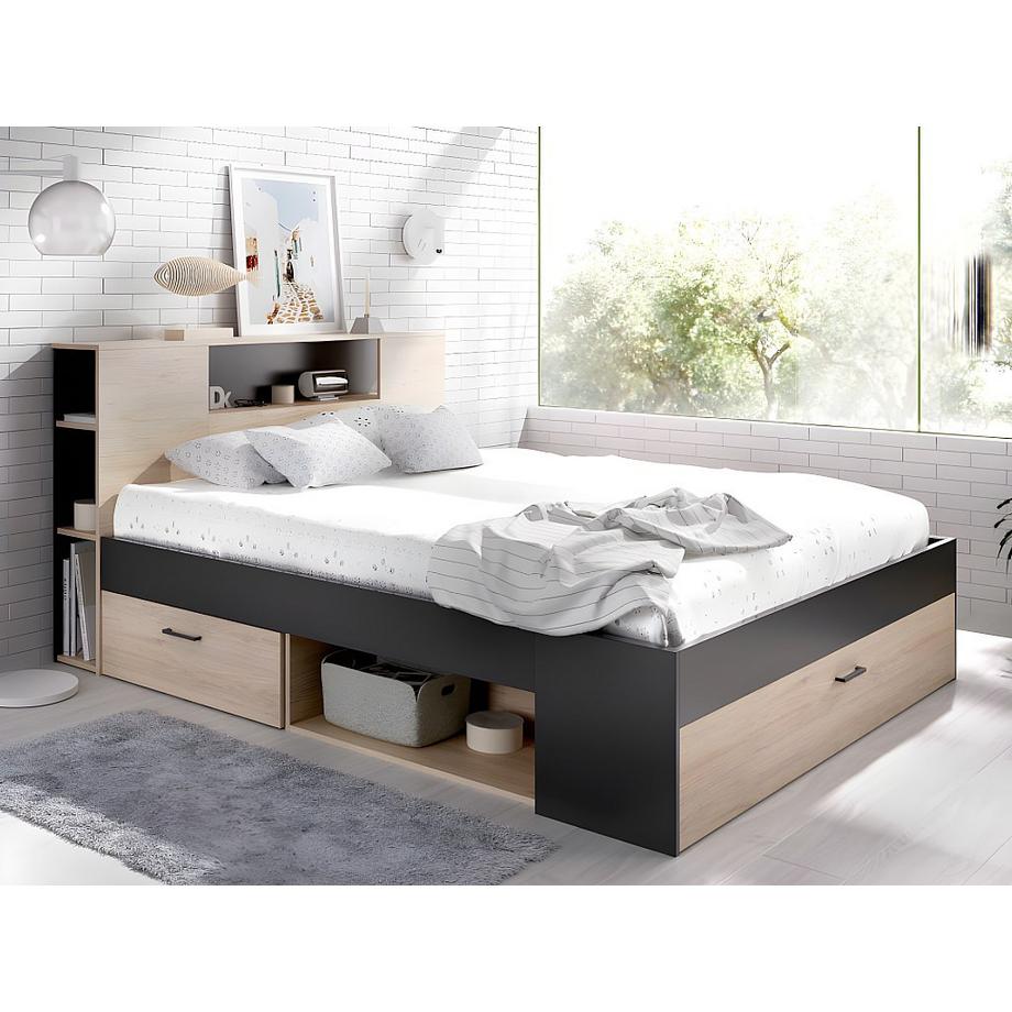 Vente-unique Lit avec tête de lit rangements et tiroirs - 140 x 190 cm - Coloris : Naturel et anthracite + Sommier + Matelas - LEANDRE  