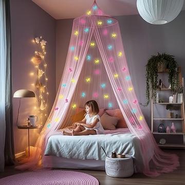 Ciel de lit rose avec licornes lumineuses pré-encollées - Moustiquaire princesse pour décoration chambre fille - Rideaux de lit à baldaquin pour enfants et lit bébé