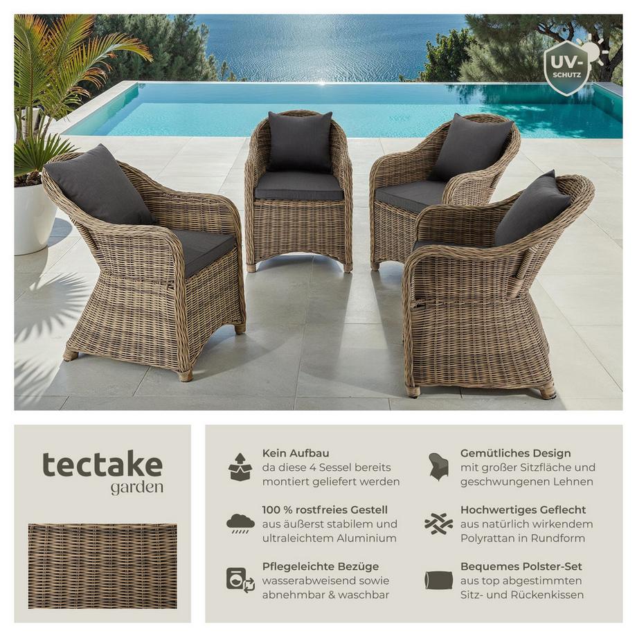 Tectake Lot de 4 fauteuils de jardin en rotin  avec cadre en aluminium  