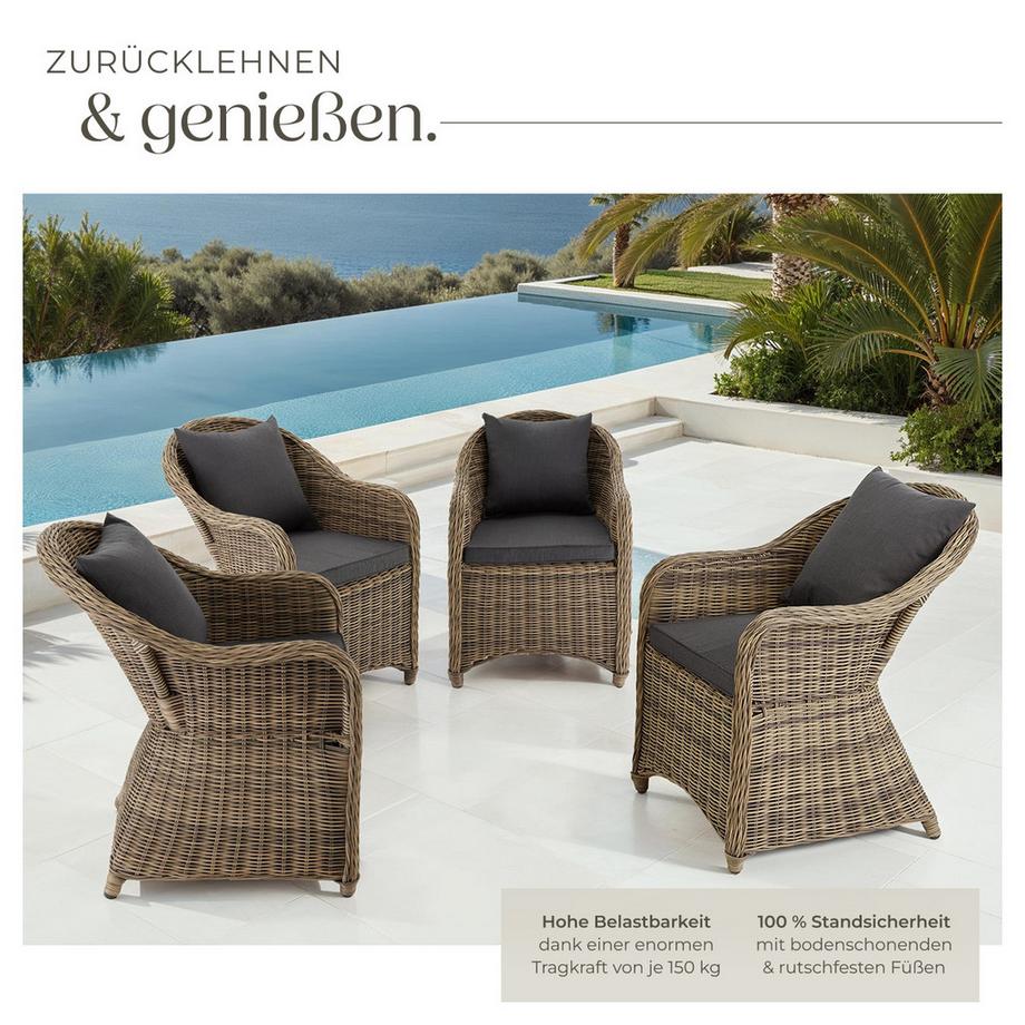 Tectake Lot de 4 fauteuils de jardin en rotin  avec cadre en aluminium  