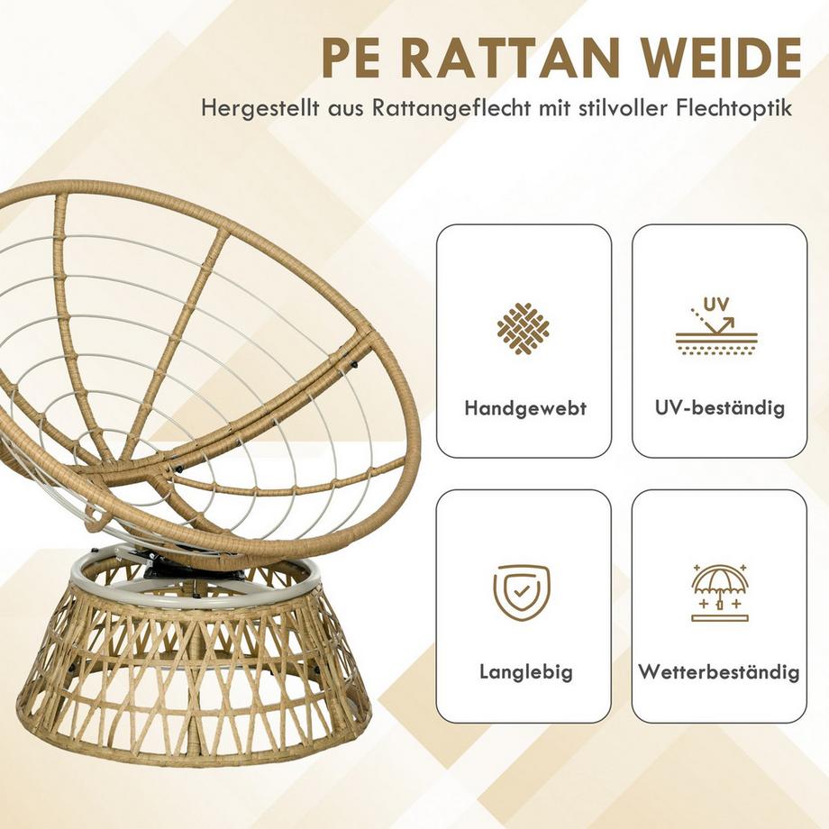 Northio Papasansessel Korbsessel Rattan Drehsessel mit Polster 360 Grad verstellbare Fußstütze 85x70x82 cm in Khaki für Garten & Wohnzimmer  