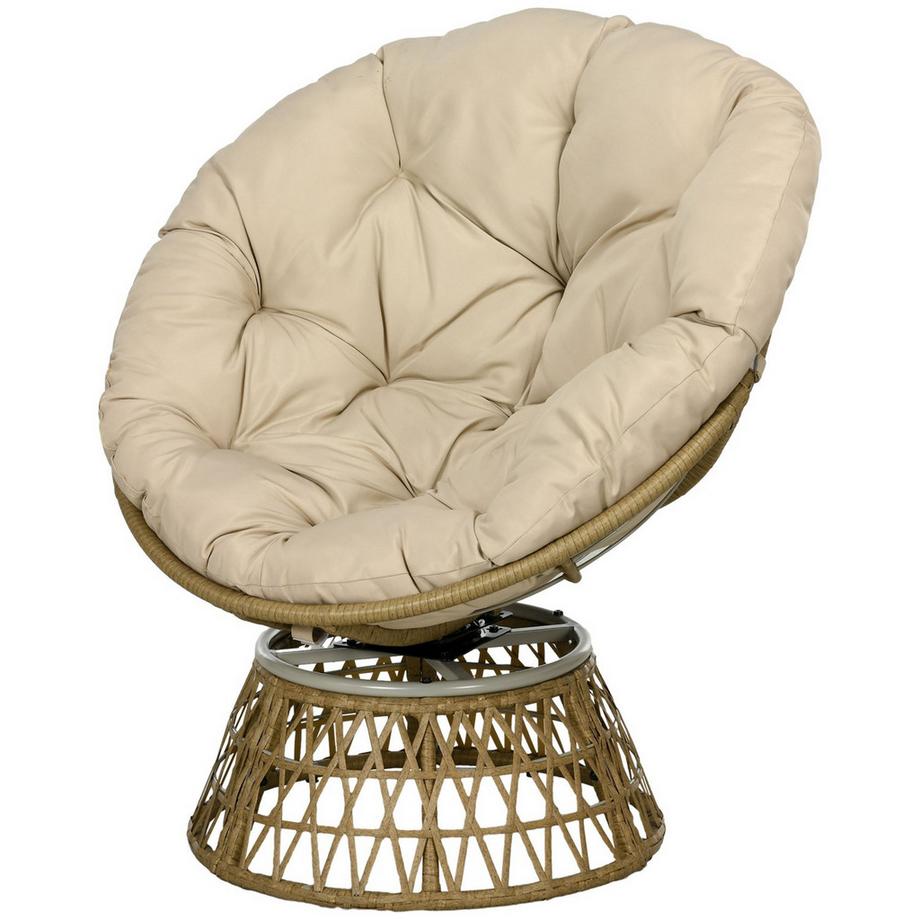 Papasansessel Korbsessel Rattan Drehsessel mit Polster 360 Grad verstellbare Fußstütze 85x70x82 cm in Khaki für Garten & Wohnzimmer