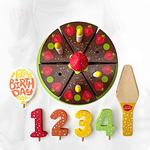 Activity-board  Ensemble de gâteau d'anniversaire en bois et accessoires - 18 pièces | ensemble de jeux de rôle pour enfants | jeu de rôle et jeu de cuisine fantastique pour enfants 