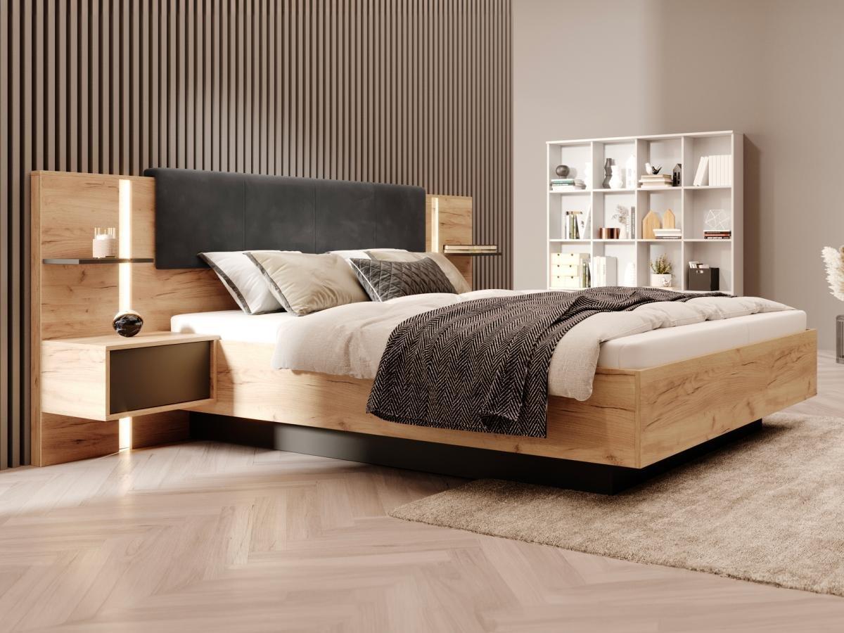 Vente-unique Letto con contenitore con comodini - con LED - 160 x 200 cm - Naturale e Antracite - ELYNIA  