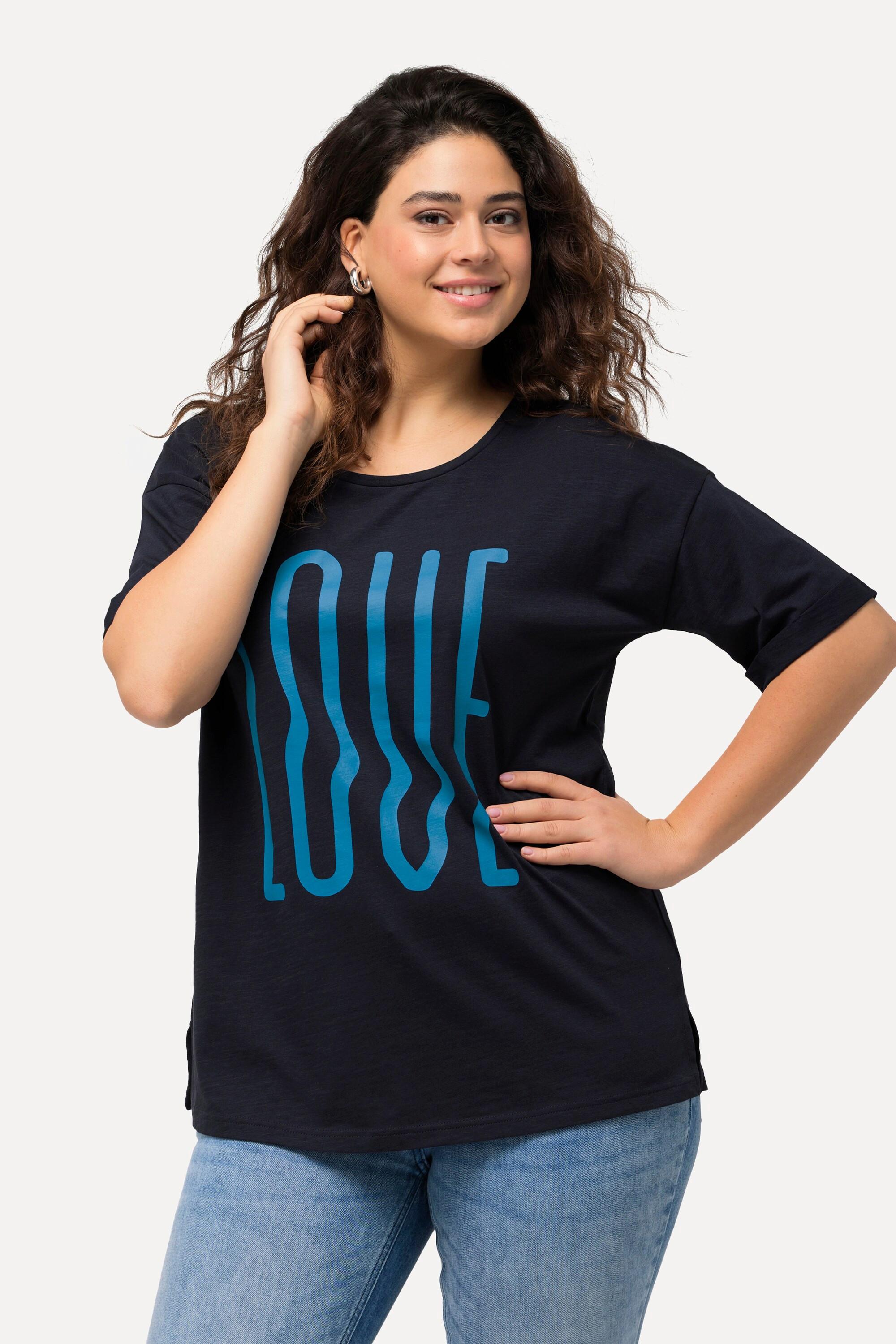 Ulla Popken  T-shirt dal taglio oversize con LOVE, scollo a girocollo e mezze maniche 