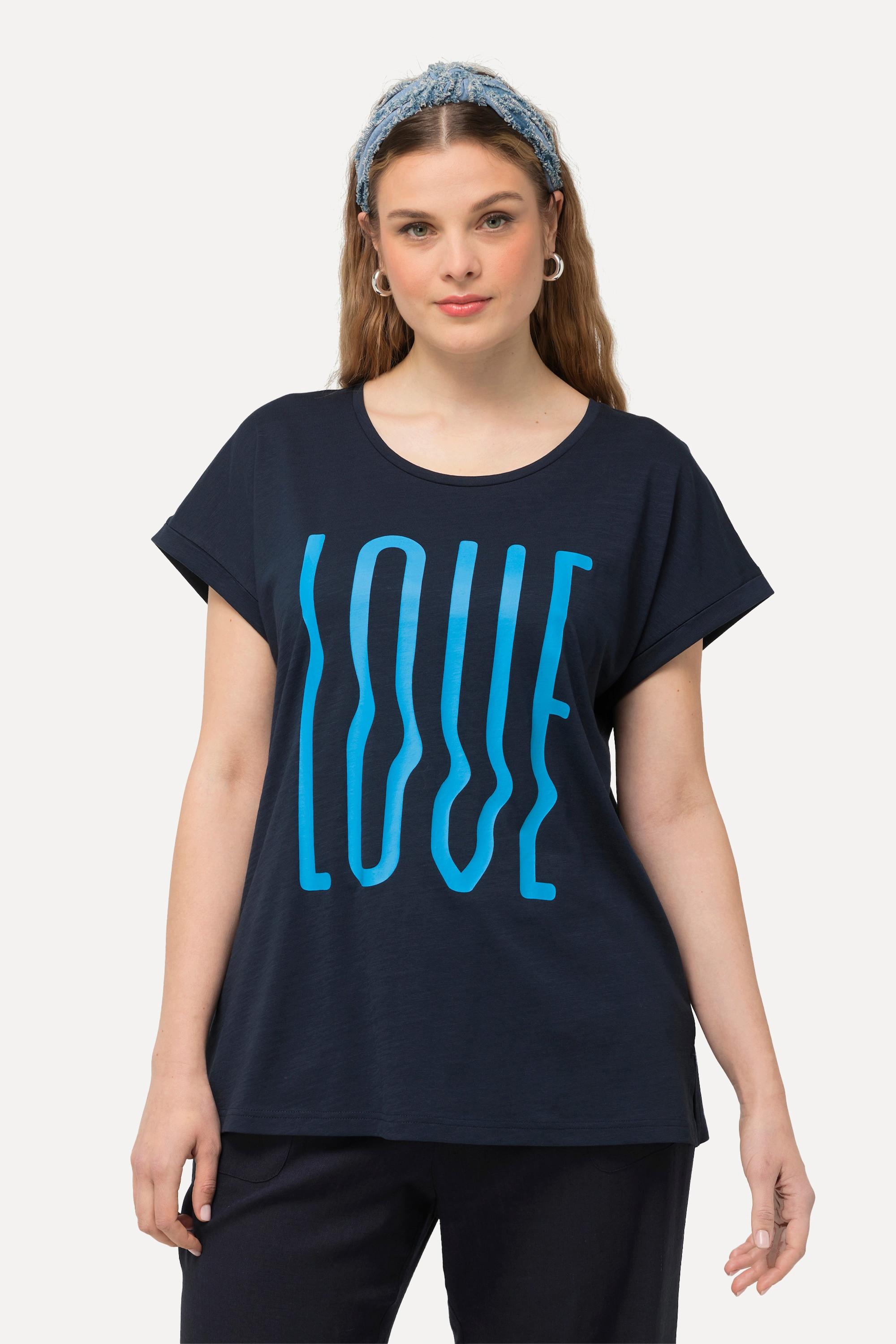 Ulla Popken  T-shirt dal taglio oversize con LOVE, scollo a girocollo e mezze maniche 