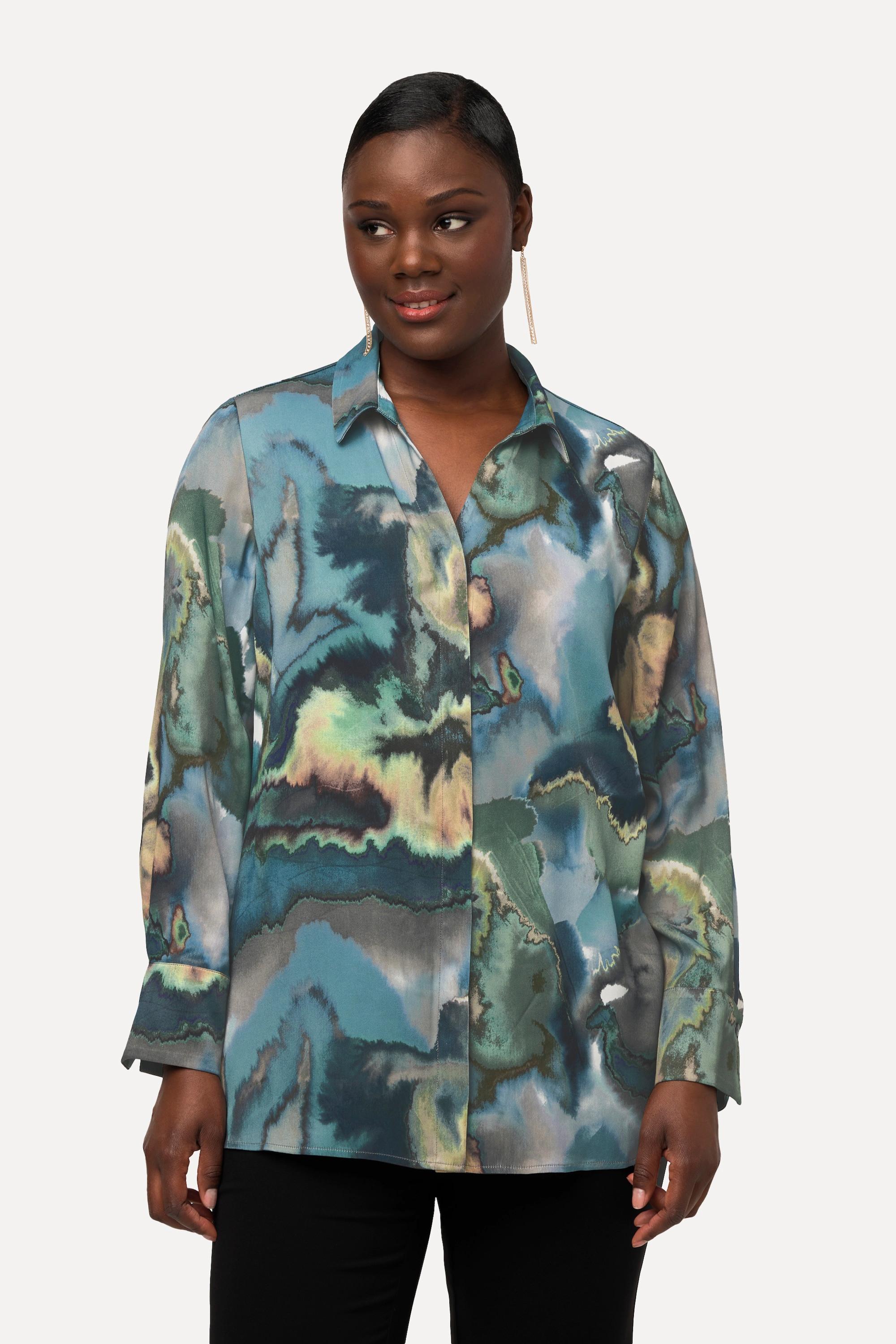 Ulla Popken  Bluse, Marmor-Design, V-Ausschnitt, Langarm 