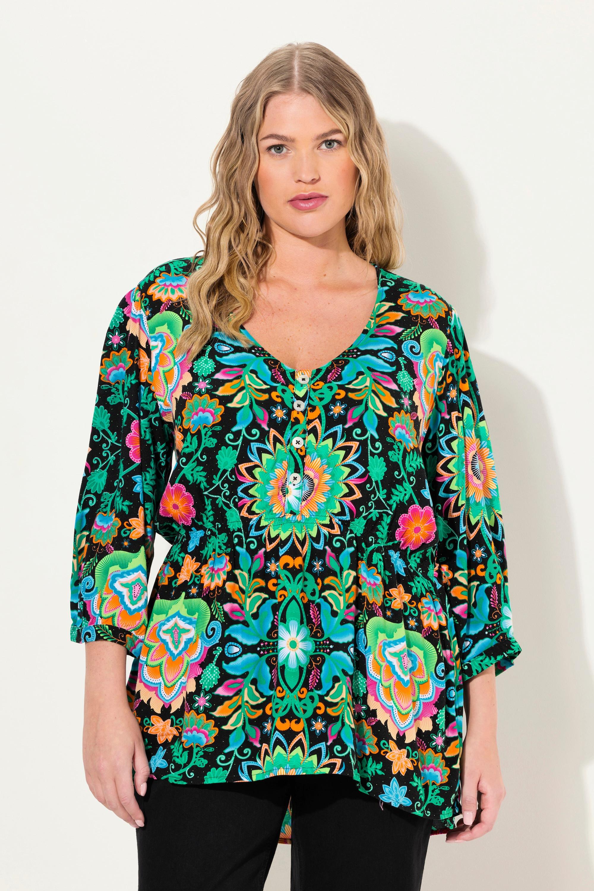 Ulla Popken  Bluse, Blüten, A-Linie, V-Ausschnitt, 3/4-Arm 