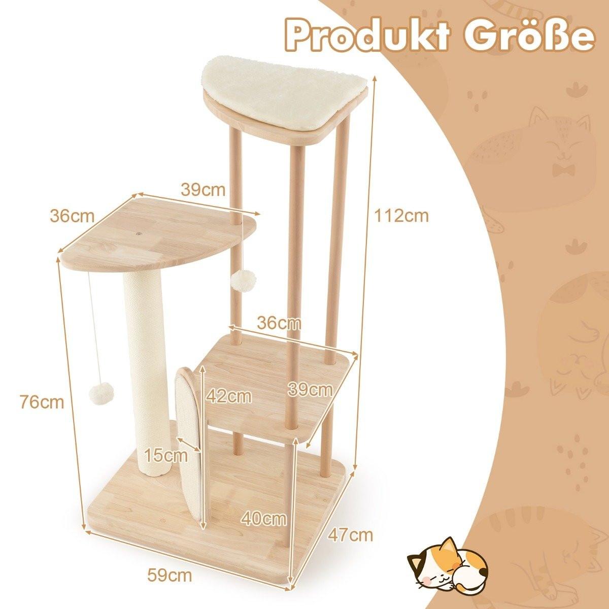 B2X  Tiragraffi in legno Torre per gatti a più piani con tiragraffi pali in sisal sedile imbottito 59 x 47 x 112 cm beige 