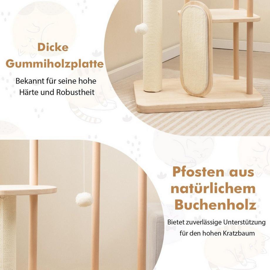 B2X  Tiragraffi in legno Torre per gatti a più piani con tiragraffi pali in sisal sedile imbottito 59 x 47 x 112 cm beige 