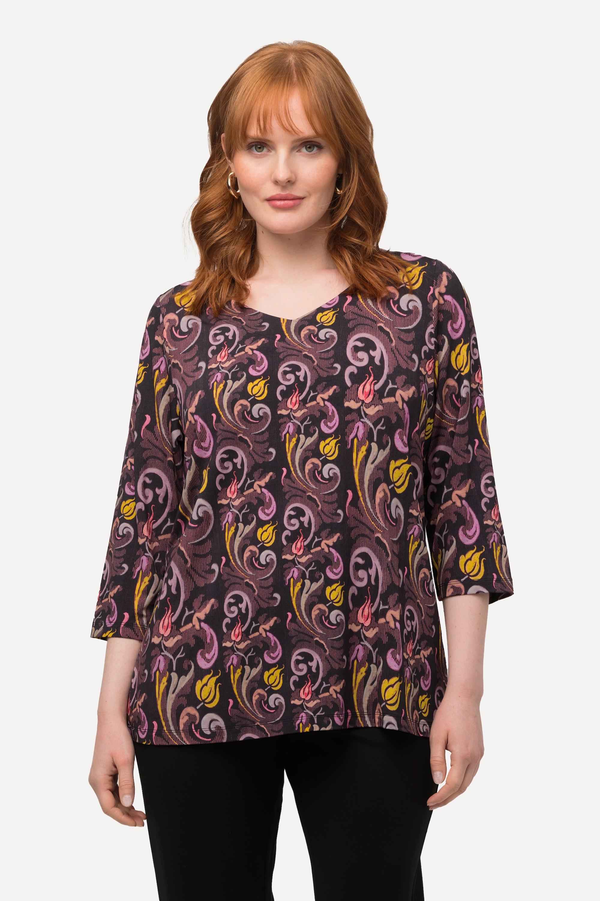 Ulla Popken  Shirt, Paisleymuster, V-Ausschnitt, 3/4-Arm 