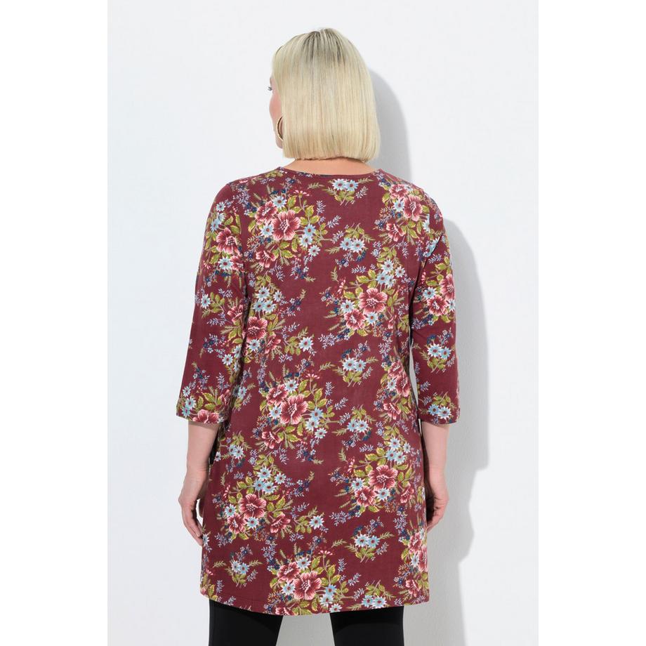 Ulla Popken T-shirt long évasé à fleurs col rond manches 3/4  