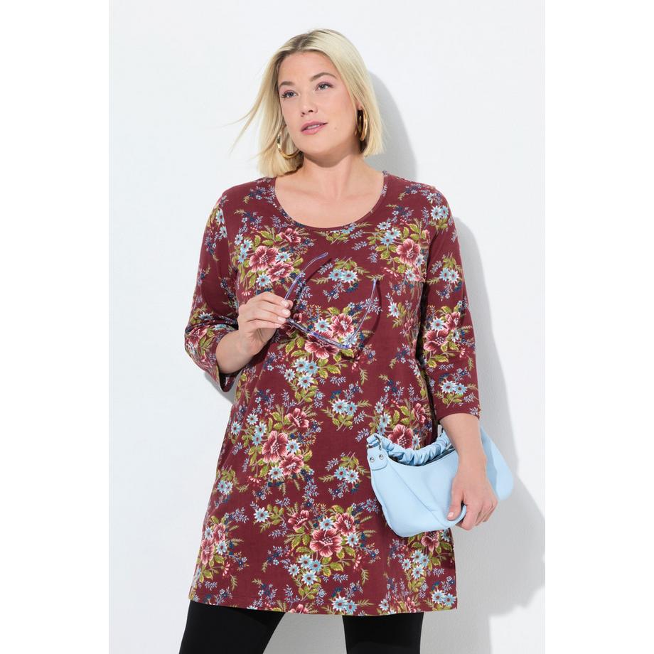 Ulla Popken T-shirt long évasé à fleurs col rond manches 3/4  