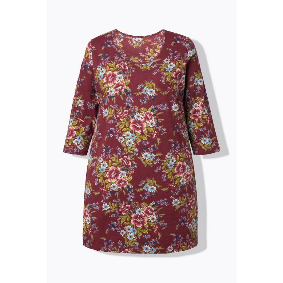 Ulla Popken T-shirt long évasé à fleurs col rond manches 3/4  