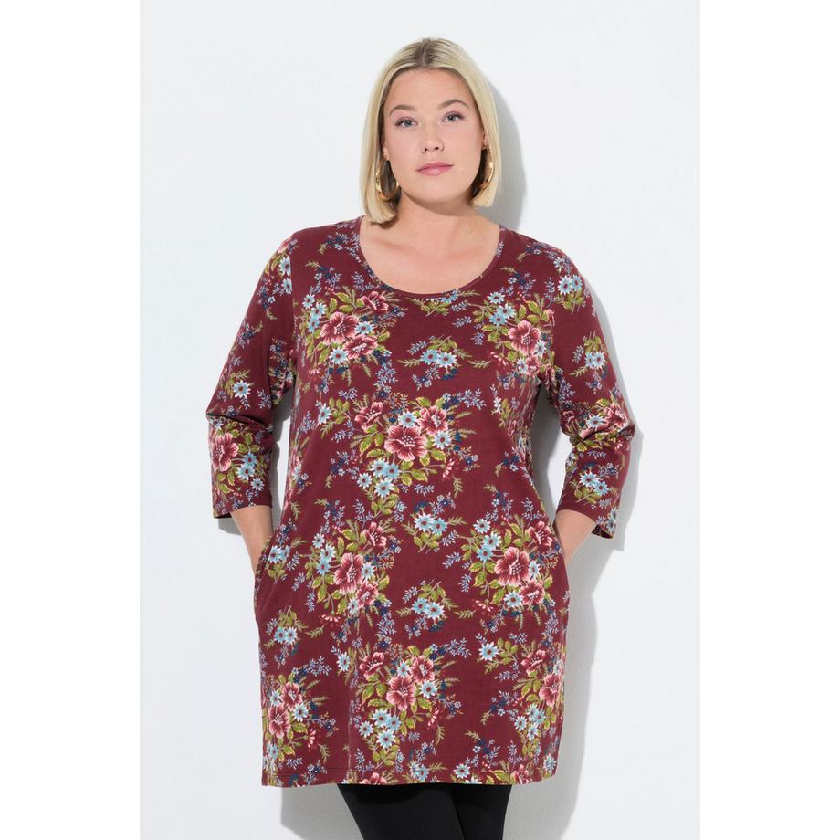 Ulla Popken T-shirt long évasé à fleurs col rond manches 3/4  