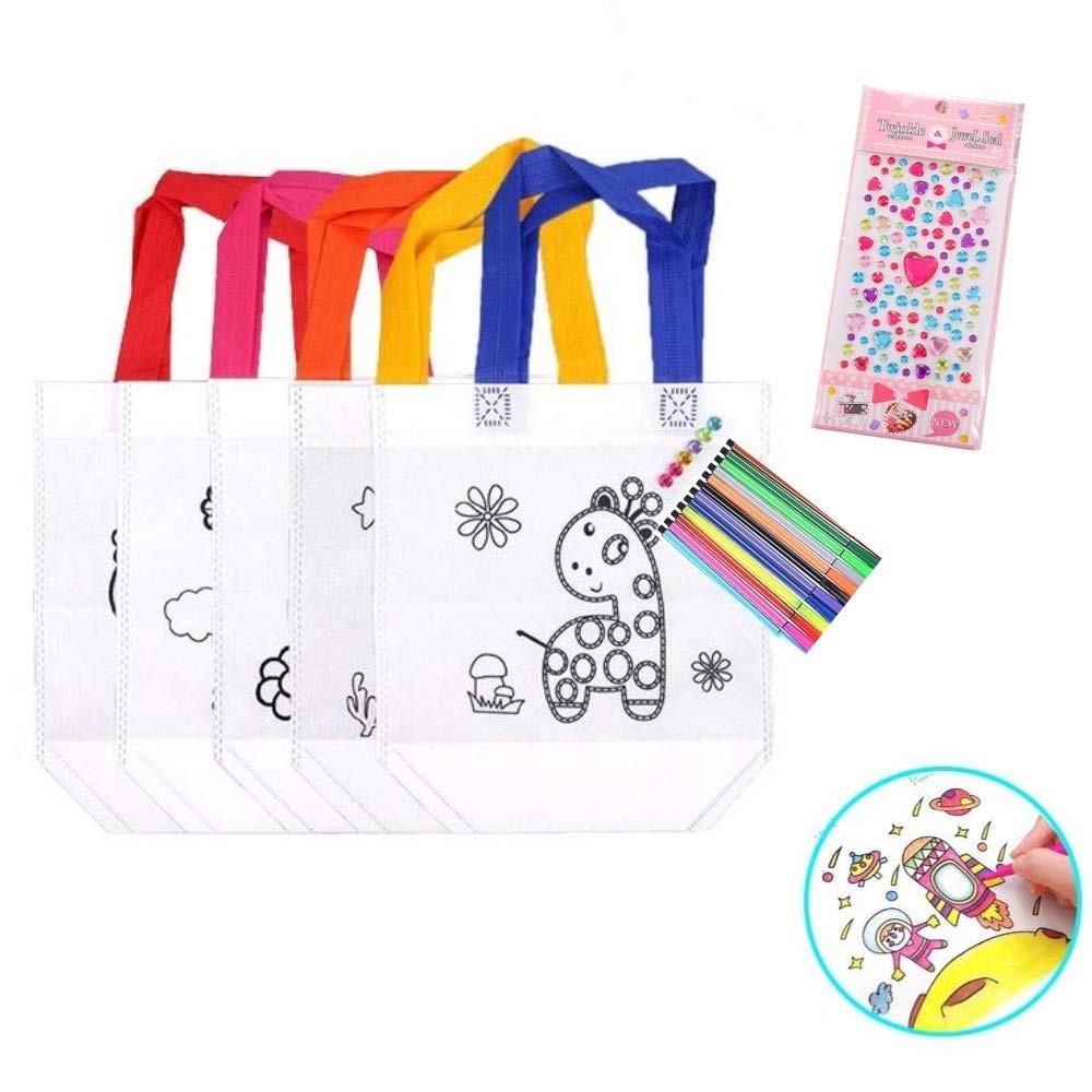 Activity-board  Sac en tissu pour enfants, 24 pièces de sac non tissé pour la peinture et 12 crayons de couleur pour l'anniversaire des enfants Sacs de graffiti DIY 