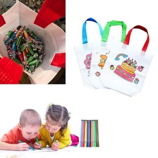 Activity-board  Sac en tissu pour enfants, 24 pièces de sac non tissé pour la peinture et 12 crayons de couleur pour l'anniversaire des enfants Sacs de graffiti DIY 