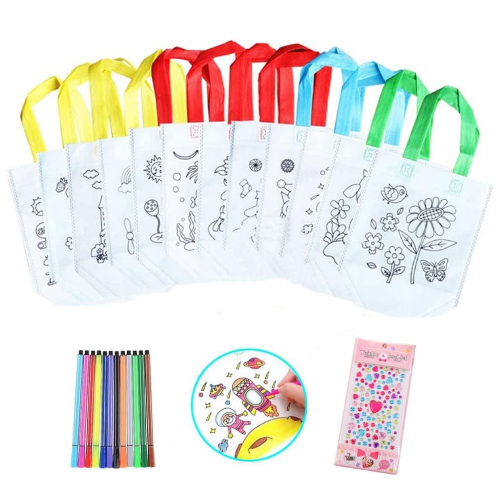 Activity-board  Sac en tissu pour enfants, 24 pièces de sac non tissé pour la peinture et 12 crayons de couleur pour l'anniversaire des enfants Sacs de graffiti DIY 