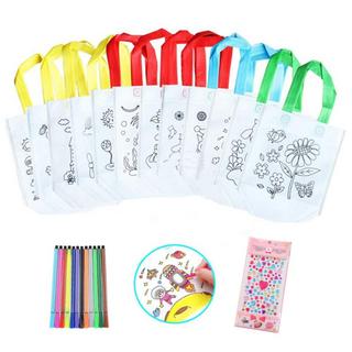 Activity-board  Sac en tissu pour enfants, 24 pièces de sac non tissé pour la peinture et 12 crayons de couleur pour l'anniversaire des enfants Sacs de graffiti DIY 