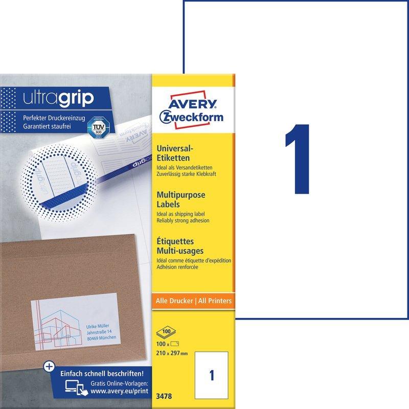 Avery-Zweckform Avery Zweckform Universal-Etiketten, A4 mit ultragrip, 210 x 297 mm, 100 Bogen/100 Etiketten  