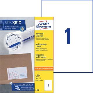 Avery-Zweckform Etichetta universale 210 x 297 mm Carta Bianco 100 pz. A tenuta permanente Stampante a getto d'inch  