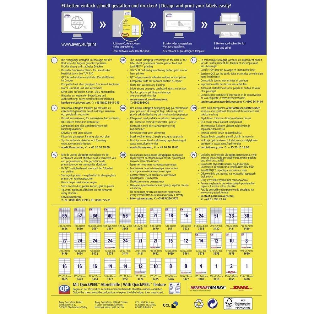 Avery-Zweckform Etichetta universale 210 x 297 mm Carta Bianco 100 pz. A tenuta permanente Stampante a getto d'inch  