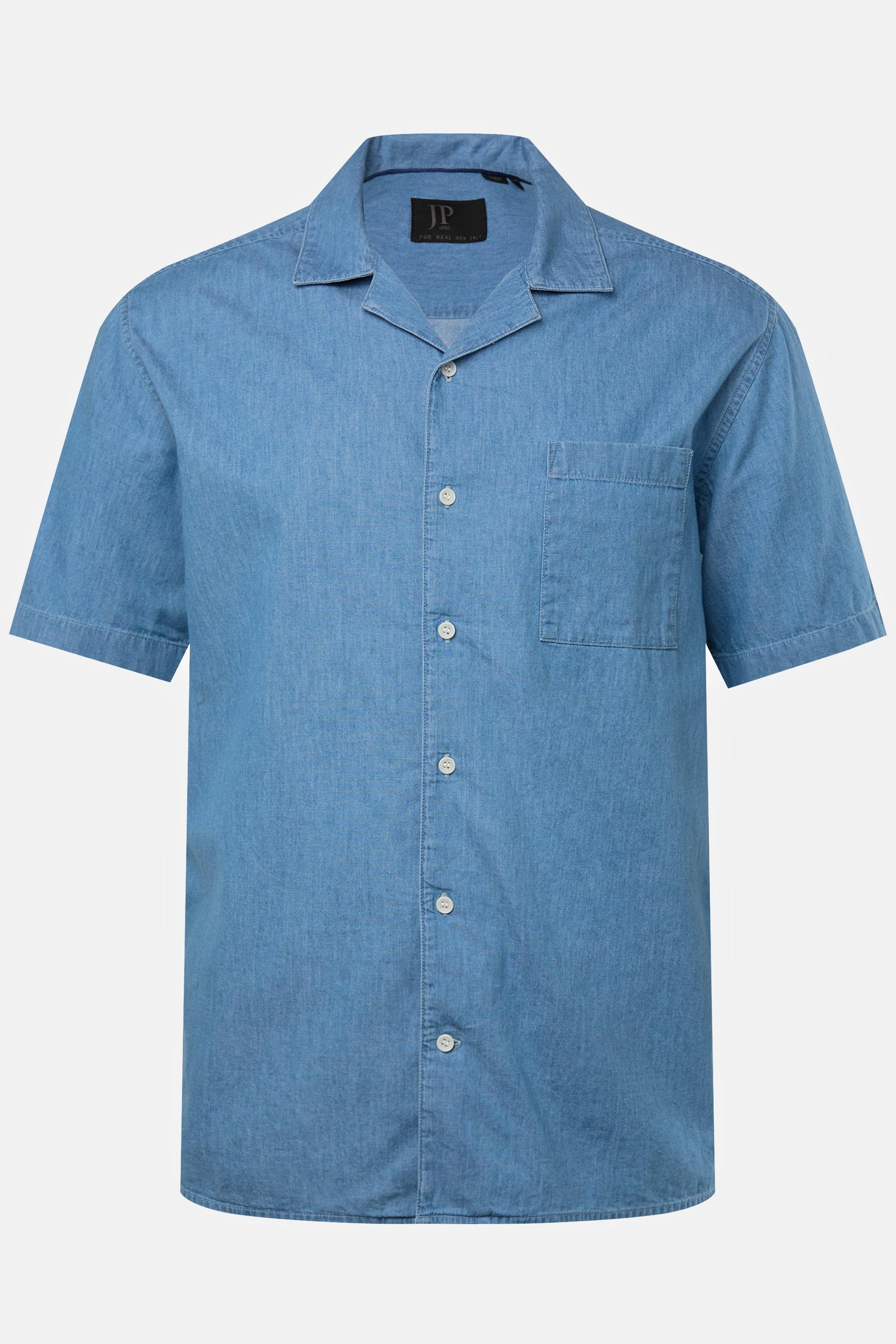 JP1880  Camicia con taglio alla cubana, effetto jeans, mezze maniche e colletto alla cubana blu chiaro 