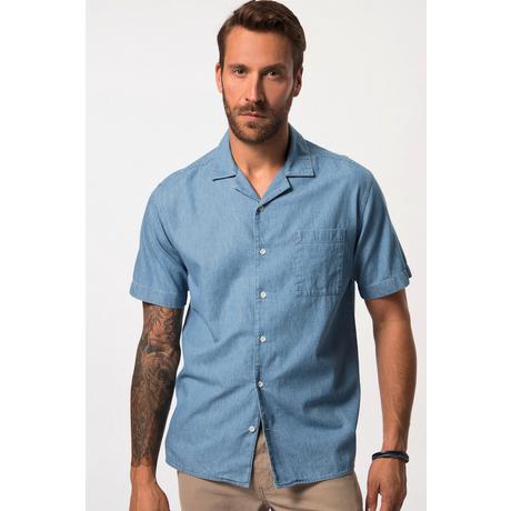 JP1880  Camicia con taglio alla cubana, effetto jeans, mezze maniche e colletto alla cubana blu chiaro 