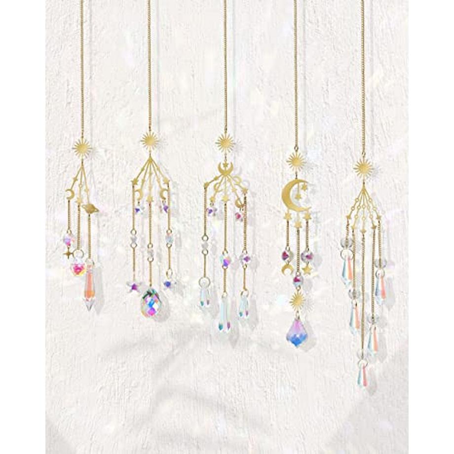 Alopini 5 Stück Sun Catcher Crystal Wind Chimes Suncatcher Fenster hängende Kristalle Ornament Sonne Mond  