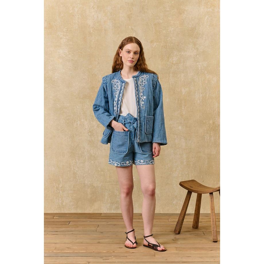 Louise-Misha Veste en Denim Brodé Col Rond  