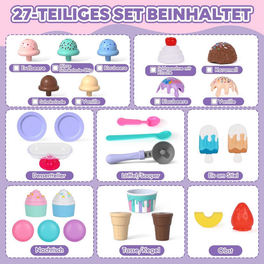 Activity-board  Eisspielzeug für Kinder, Kindereisladen mit Desserts und Früchten, Kindereisdiele mit Eisportionierern, Kinderküchenzubehör, Rollenspiel 