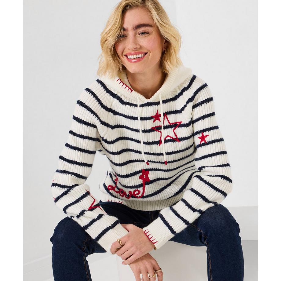 Gestreifter Strick-Kapuzenpullover mit Stickerei