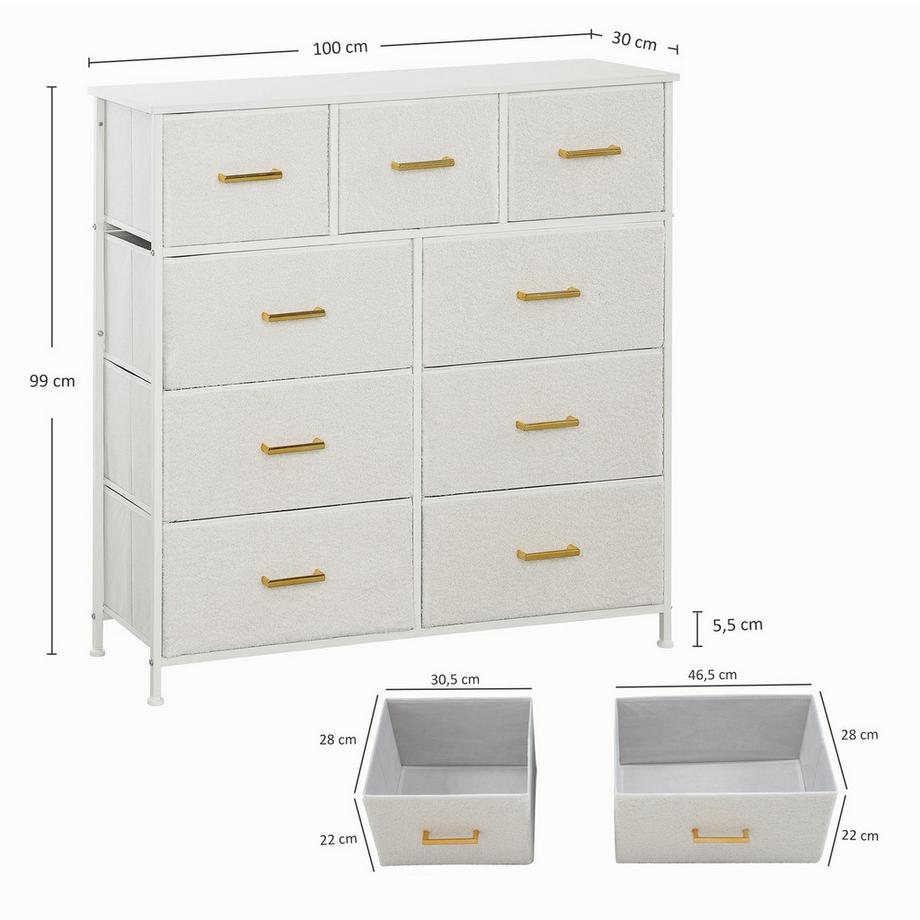 Northio Cassettiera credenza con 9 cassetti in tessuto, cassettiera con piano di lavoro, maniglia, mobiletto contenitore per soggiorno, camera da letto, bianco crema |  
